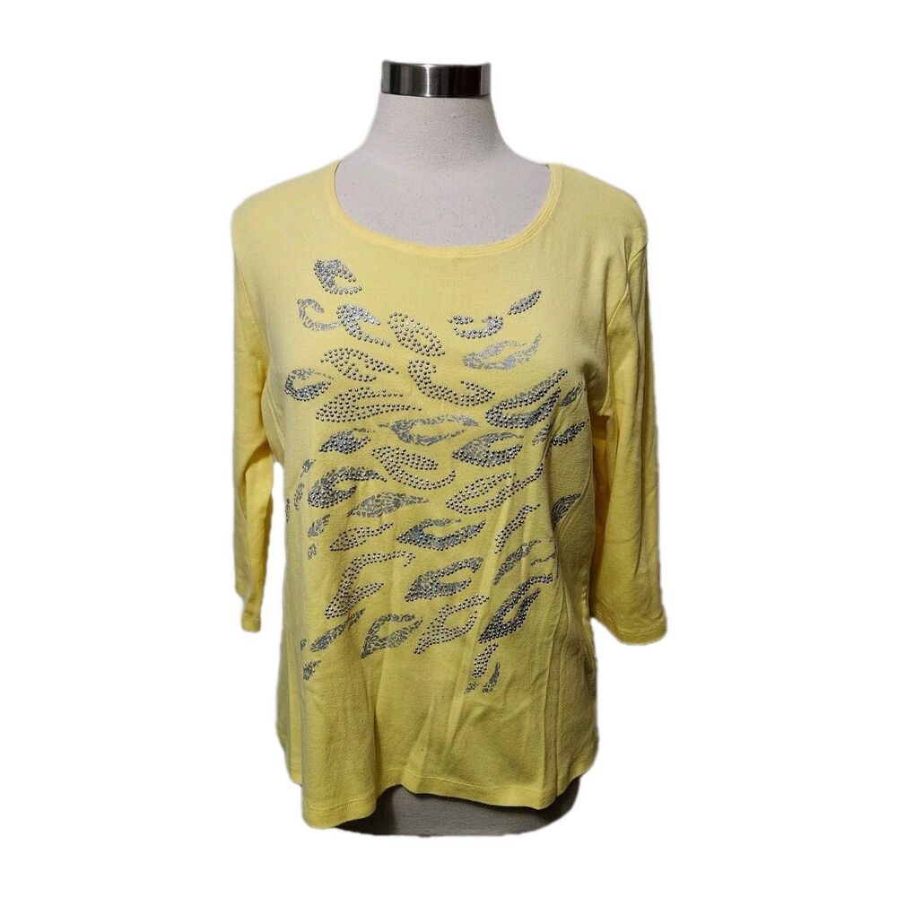 Rebecca Malone XL Women Knit Top Yellow Silver Studs  Pullover Stretch 3/4 Slv